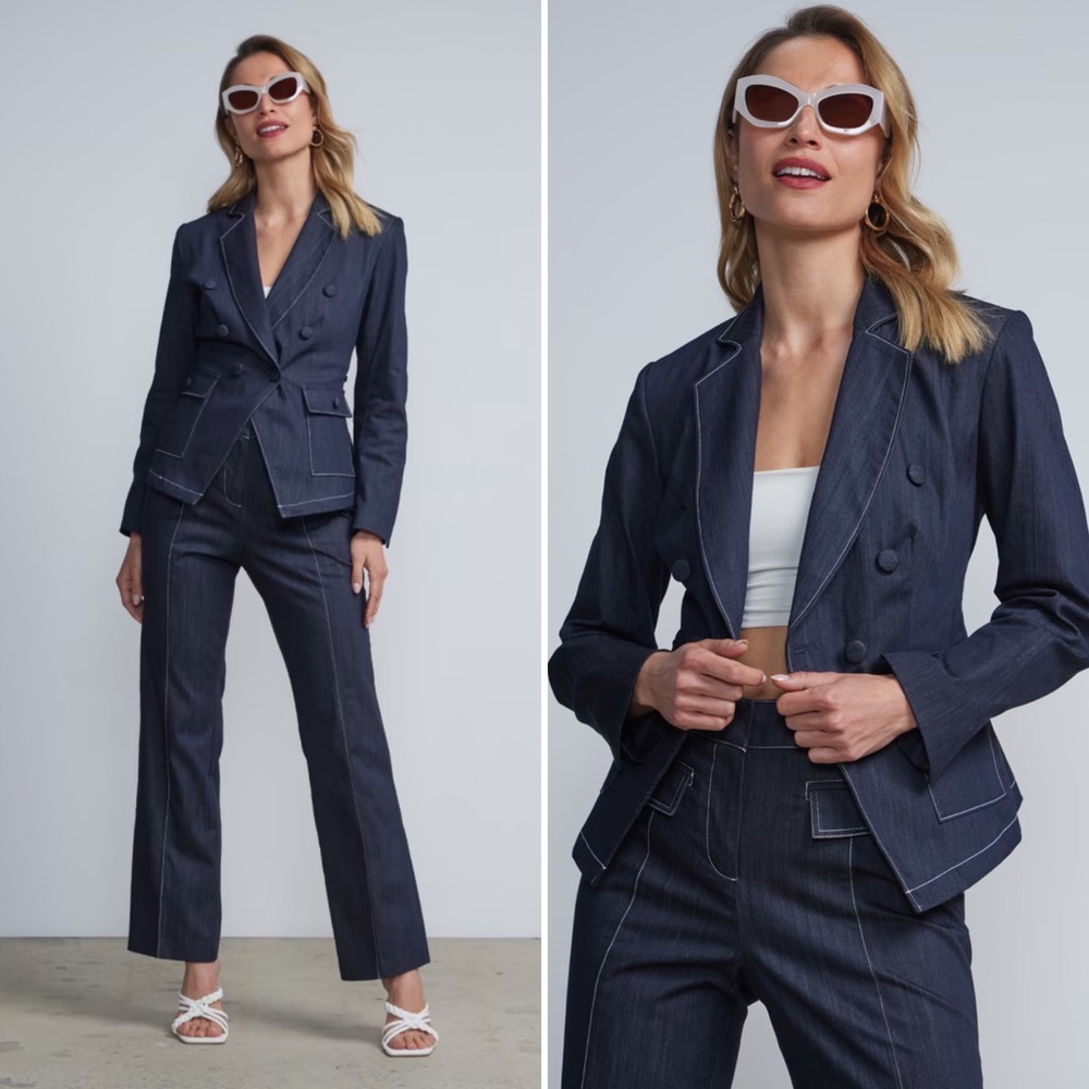 New York & Company Double Breasted Notch Lapel Denim Blazer- L